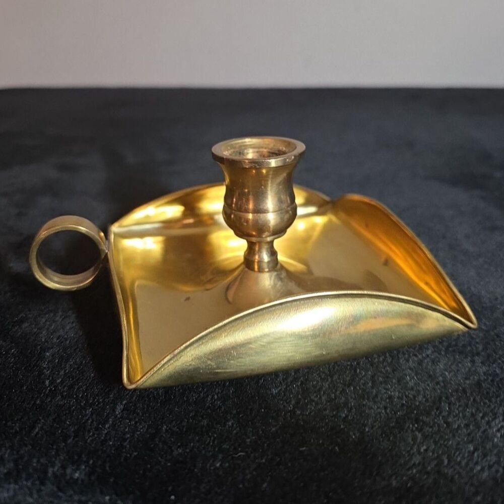 Vintage Brass Chamberstick Candle Holder Square Tray Finger Loop Made in England